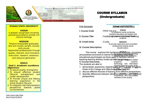 Prof.Ed.321 New Syllabus BEE - COLLEGE OF EDUCATION IFSU-VPAA-INS-F COURSE SYLLABUS ...