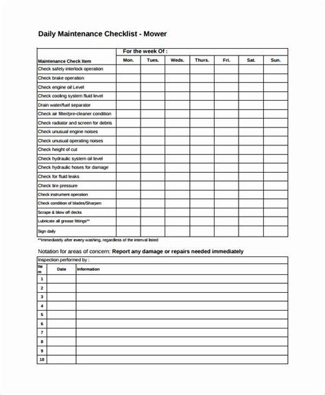 Lawn Mower Maintenance Log Template Best Of 14 Sample Daily Checklist ...