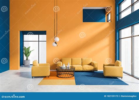 Orange and Blue Living Room Interior Stock Illustration - Illustration of couch, design: 182159173