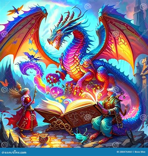 Fantasy Fairy Tale Scene with a Dragon Reading a Book. 3d Illustration Generative AI Stock ...