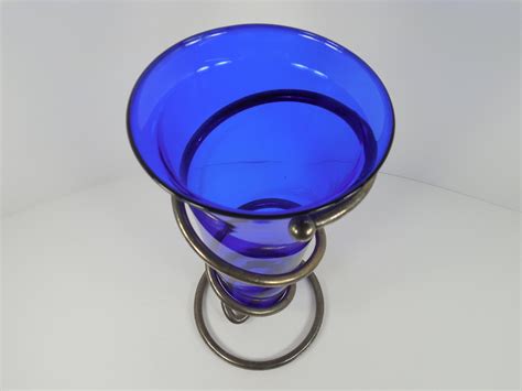 Cobalt Blue Glass Vase Floating Caged in Silver Metal Holder V Shape Cobalt Blue Glass Vase ...