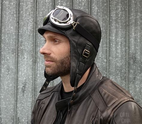 Leather Aviator Hat, Black Motorcycle Helmet Pilot Cap, Convertible Driving, Steampunk Hat ...