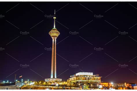 Night view of Milad Tower in Tehran | High-Quality Architecture Stock ...