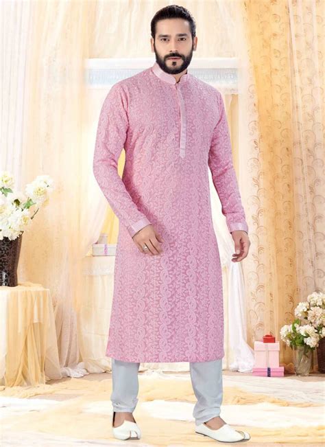 Pink Kurta Georgette Lucknowie Churidar | Lucknowi kurta, Gents kurta ...