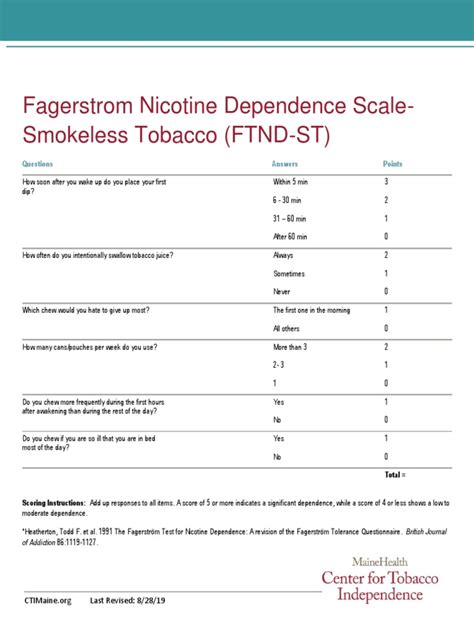 Fagerstrom Scale For Nicotine Dependence Smokeless Tobacco | PDF