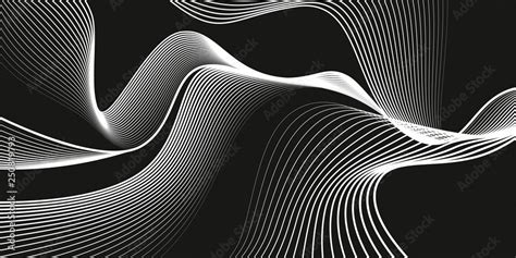 Waves of white lines. Monochrome background, black backdrop, abstract ...