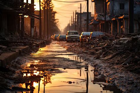 Premium AI Image | a flooded street in the middle of an urban area with cars parked on both ...