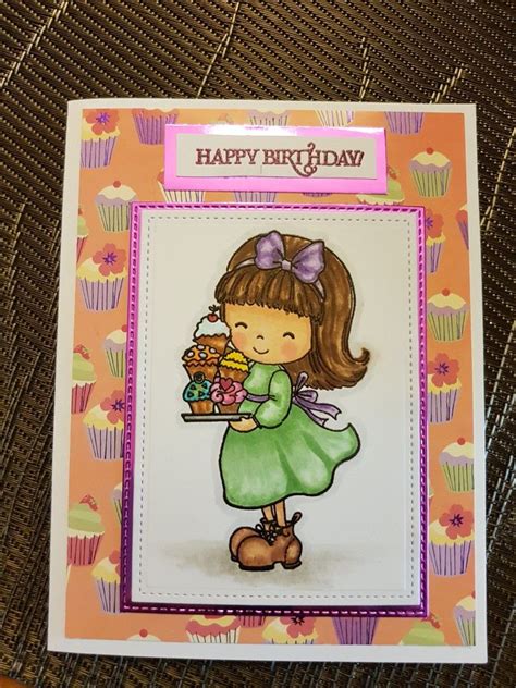 Happy Birthday Card stamped with "Your next Stamp-Jessica with Cupcakes coloured with Copic ...