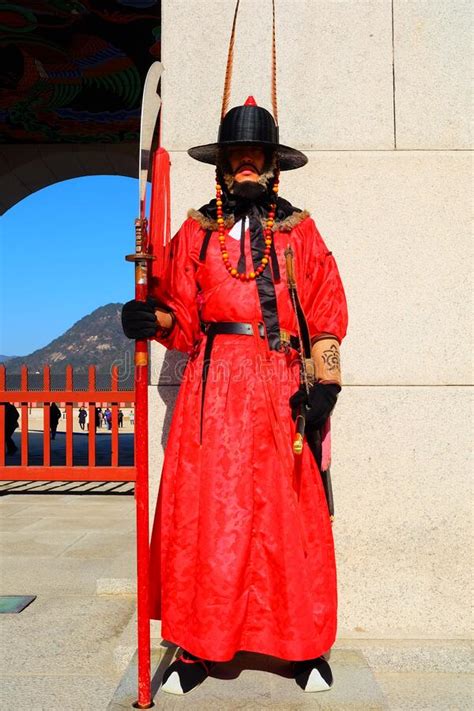 Ancient Korean Soldier Guard in Traditional Costume Standing in Front of Gyeongbokgung Palace ...