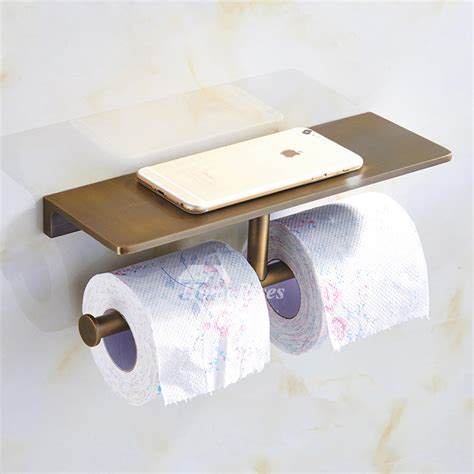 Gold Luxury Polished Antique Brass Double Toilet Paper Holder With Shelf