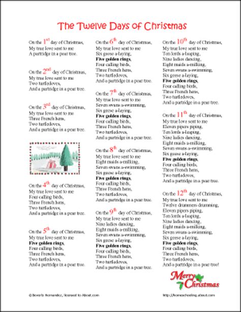 Printable Lyrics To 12 Days Of Christmas - Printable Calendars AT A GLANCE