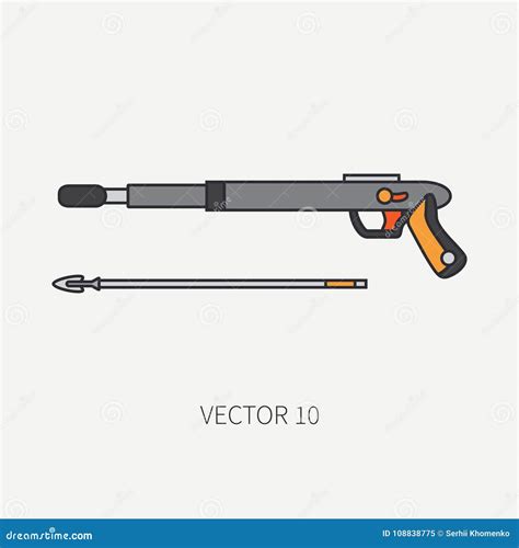 Line Flat Color Vector Diver Underwater Equipment Icon Harpoon Gun. Retro Style. Ocean, Sea ...