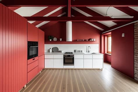 Premium AI Image | White and red toned wooden kitchen Streamlined and ...