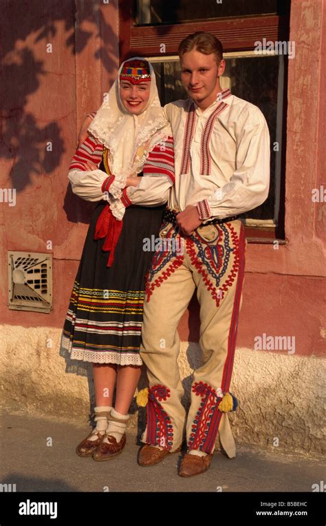 Couple in traditional Slovak folk costume, Kezmarok, Slovakia, Europe ...