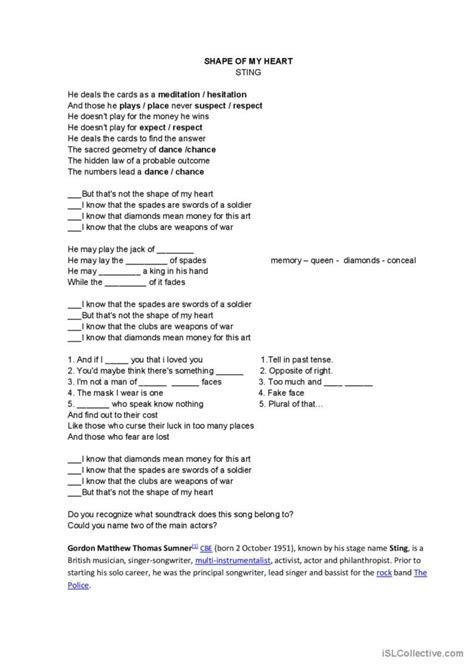 Shape of my heart song and nursery r…: English ESL worksheets pdf & doc