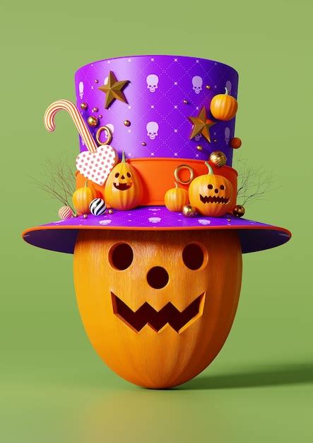 Premium Photo | 3d rendering happy halloween, pumpkin head put on a hat on green background ...