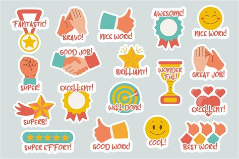 Collection of motivational stickers for great work. Stickers, badges, icons. Flat style, vector ...