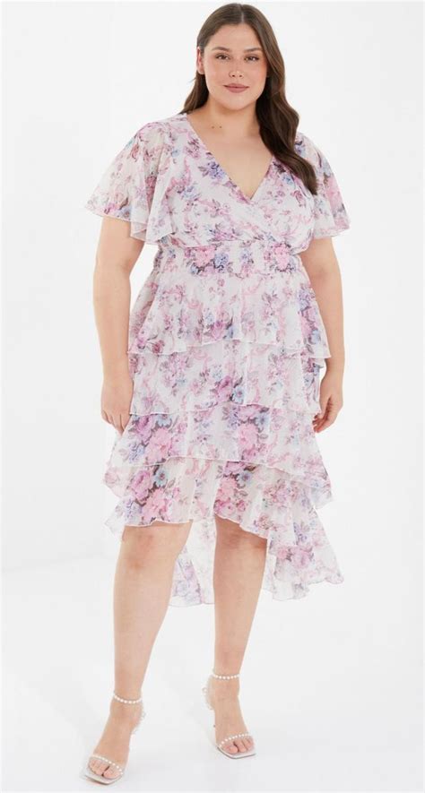 Quiz Ladies - Curve Plus Pink Chiffon Floral Dip Hem Tiered Midi Dress | Shop Today. Get it ...