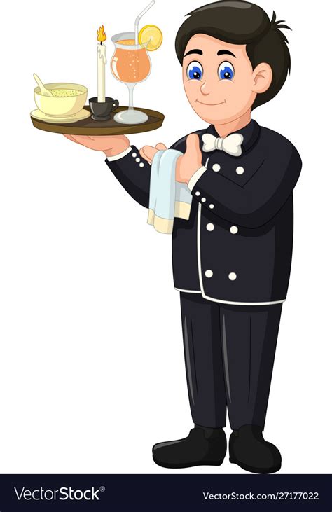 Funny waiter in black uniform with cartoon Vector Image