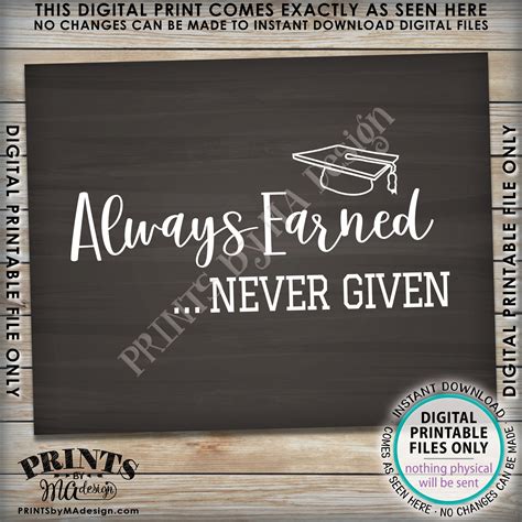 Always Earned Never Given Graduation Quote, Graduation Party Decorations, Graduate Sign ...