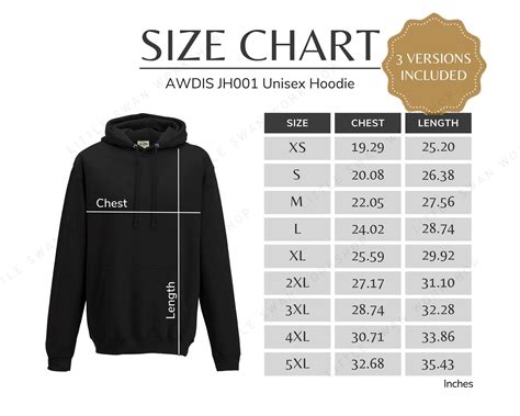 AWDIS JH001 Size Chart Unisex Hoodie Size Table JH 001 - Etsy