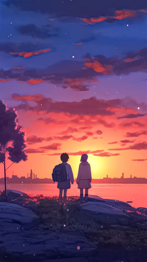 1440x2560 Anime Girl Boy Sunset At Lake 5k Samsung Galaxy S6,S7 ,Google Pixel XL ,Nexus 6,6P ,LG ...