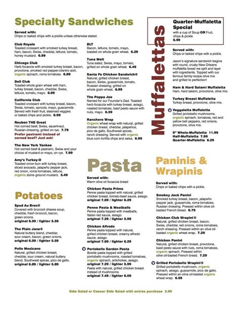 Jason Deli Printable Menu