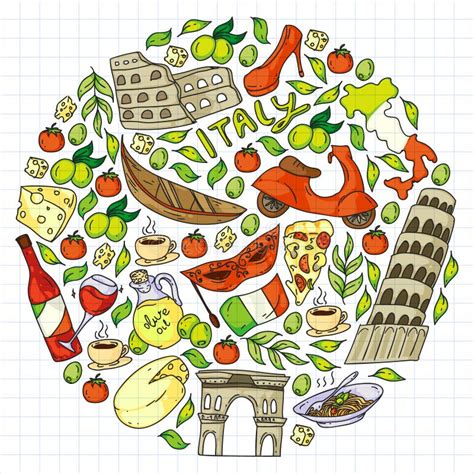 Italy Vector Elements and Icons. Doodle Pattern with Italian Culture ...