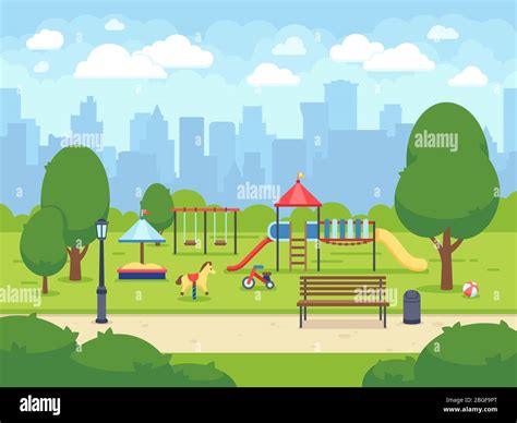 Urban summer public garden with kids playground. Cartoon vector city ...