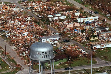 The damages caused by Hurricane Andrew, the last Category 5 storm to slam the U.S., 25 years ago