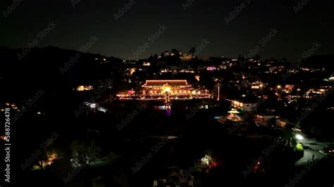 Yamashiro restaurant in Hollywood Hills light-up at night, aerial view ...