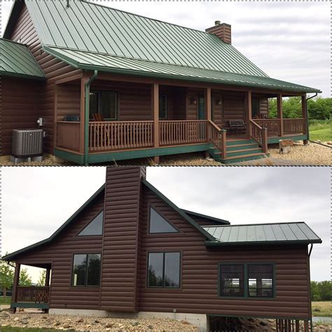 Autumn Brown Steel Log Cabin. Beautiful green roof and trim to add some flare! | Green roof ...