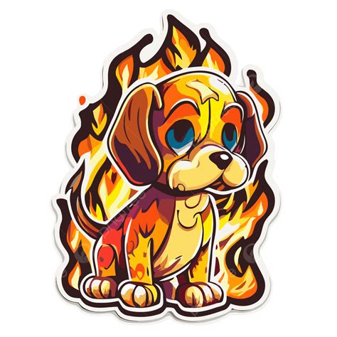 Cartoon Dog Sitting In A Flame With Flame Stickers Vector Clipart, Fire ...