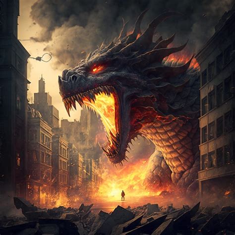 Premium AI Image | godzilla attacking a man in a city with a huge fire ...