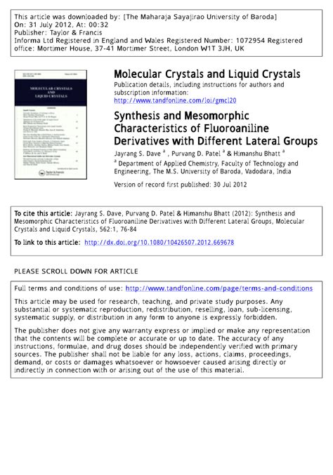 (PDF) Molecular Crystals and Liquid Crystals Synthesis and Mesomorphic Characteristics of ...