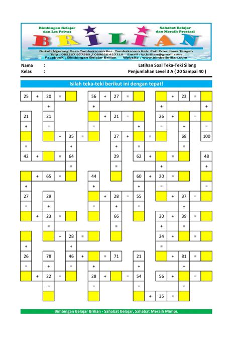 Teka-Teki Silang Penjumlahan Terdiri 5 Level Soal – Bimbel Brilian