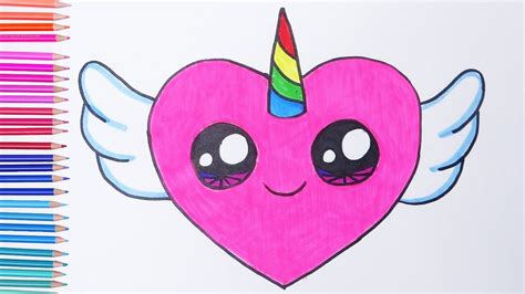 How to draw a cute unicorn HEART with wings Easy drawings | Cute easy drawings, Rainbow drawing ...