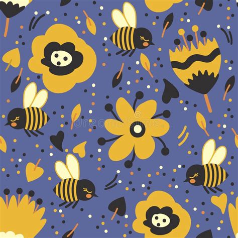 Seamless Pattern with Cute Bees and Flowers on White Background Stock ...