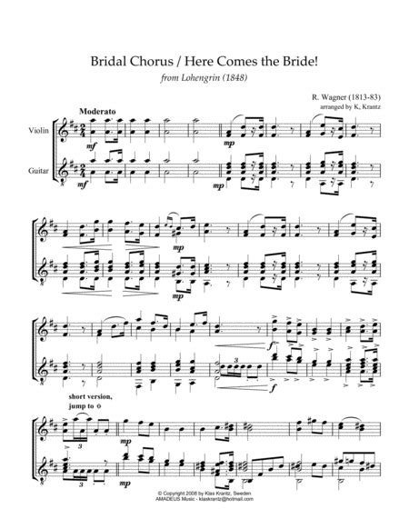 Bridal Chorus / Here Comes the Bride! for violin (advanced) and guitar Sheet Music | R. Wagner ...