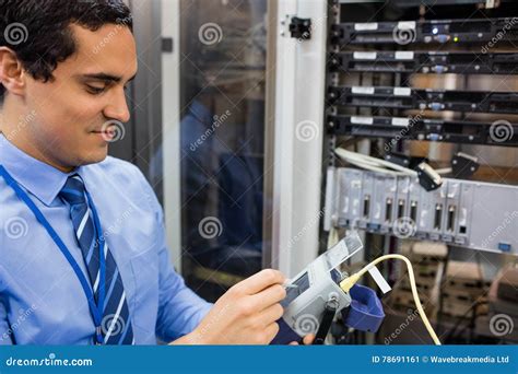 Technician Using Digital Cable Analyzer Stock Image - Image of handsome ...