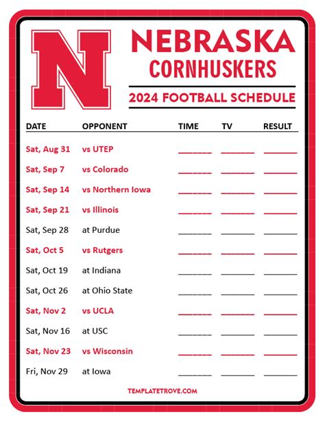 Printable 2024 Nebraska Cornhuskers Football Schedule