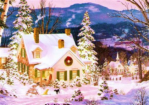 Christmas in the Village, snow, decoration, mountains, houses, trees ...