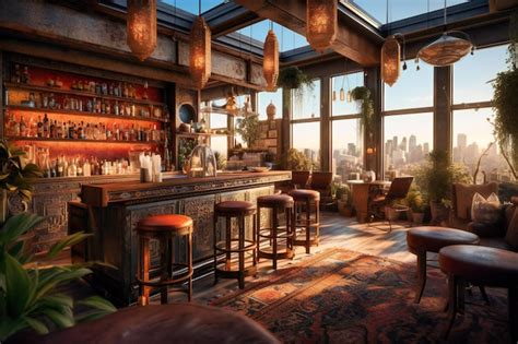 Premium Photo | A rooftop bar with panoramic city views and cocktails