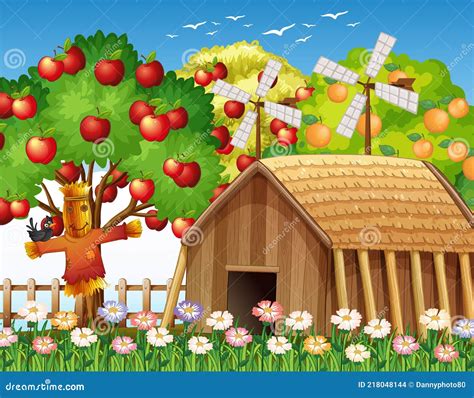 Farm Scene with Farmhouse and Big Apple Tree Stock Vector - Illustration of fruits, farmhouse ...