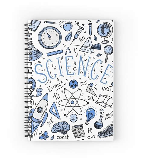 a spiral notebook with the words science written in blue and white surrounded by doodles
