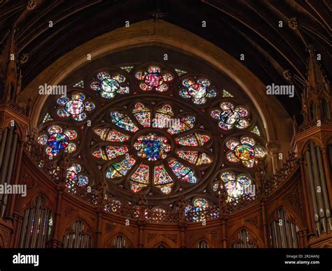 A huge round stained glass window inside St. Colman's Cathedral in Cobh, Ireland Stock Photo - Alamy