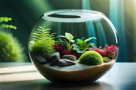 Premium Photo | A fish bowl with plants and rocks in it