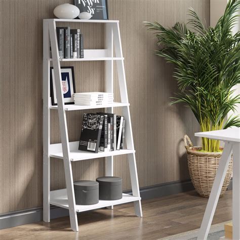 55" Wood Ladder Bookshelf in White - Walker Edison BS55LDWH ...