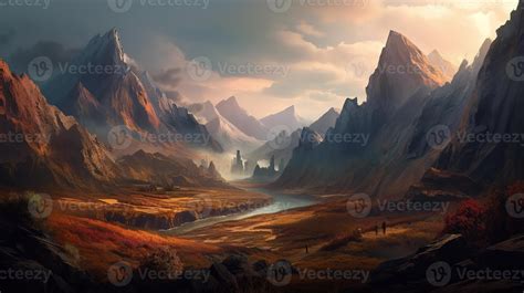 Mountain Fantasy Backdrop Concept Art Realistic Illustration Background ...