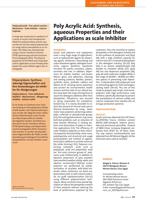 (PDF) Poly Acrylic Acid: Synthesis, aqueous Properties and their Applications as scale Inhibitor